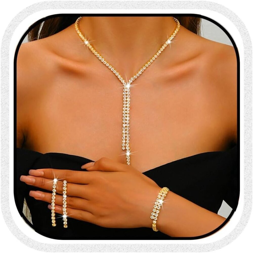 Silver Rhinestone Bridal Jewelry Sets Necklace Earrings Bracelet Formal Prom Wom